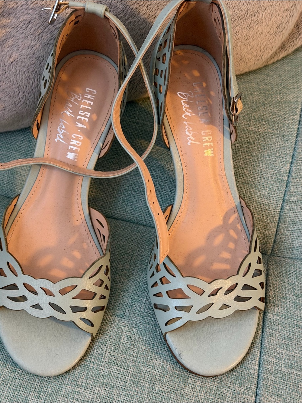 chelsea crew sage green laser-cut ankle strap sandals